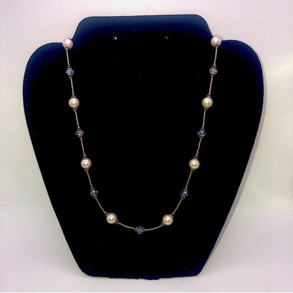 Vtg Sterling Pearl &Aurora Crystal Heishi Tube Bead Necklace Toggle Clasp 18”